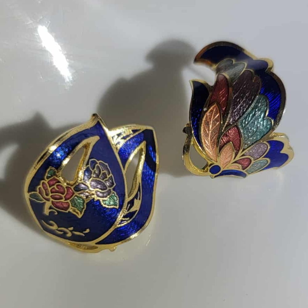 Vintage Gold and Blue Enamel Earrings